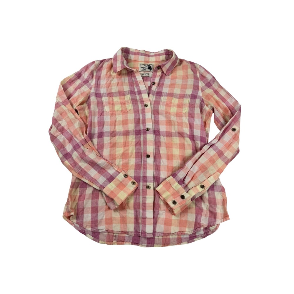 The North Face Womens Pink Orange Plaid Cotton Button Down Shirt Size M